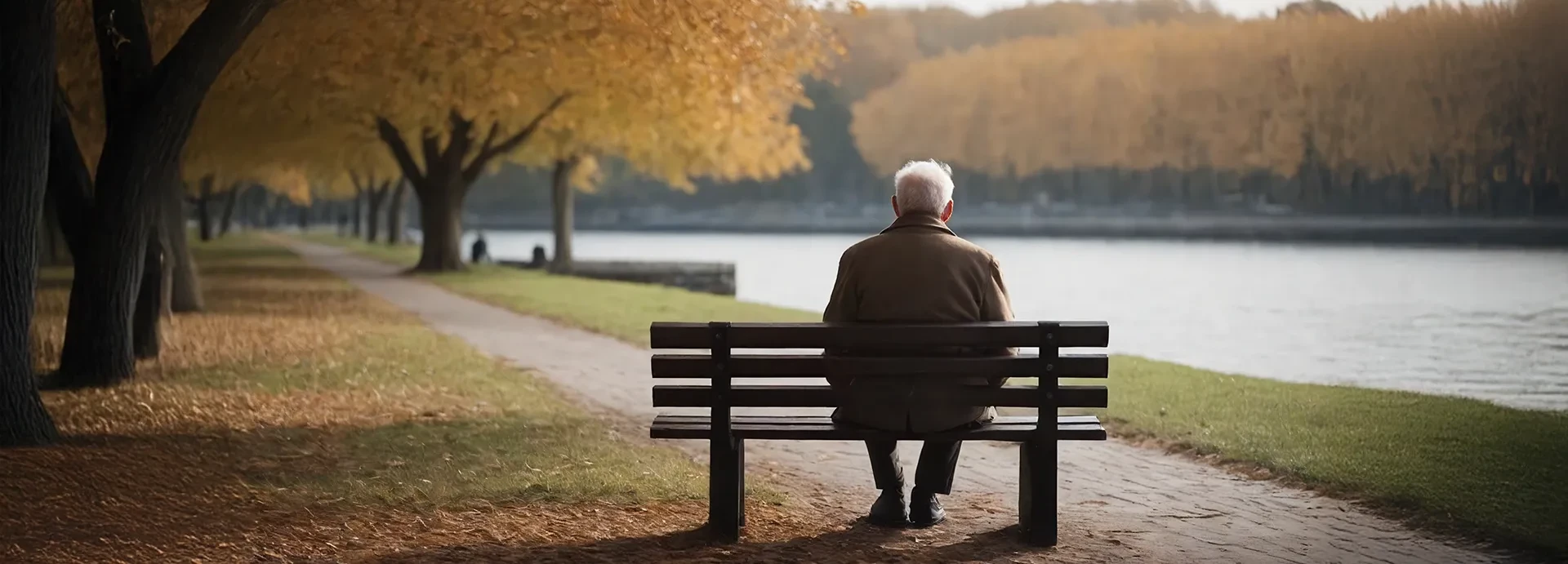 Ein alter Mann sitzt allein auf einer Parkbank